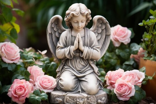 Small angel monument holding hands in prayer gesture among roses