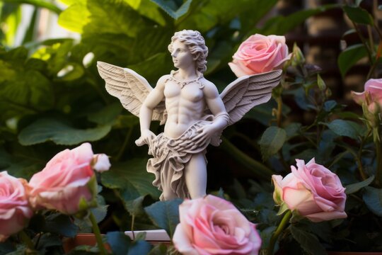 Small angel monument holding hands in prayer gesture among roses