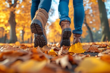 Snapshot of youthful pair strolling in fall foliage.