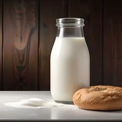 a glass of fresh milk and bread on a wooden table