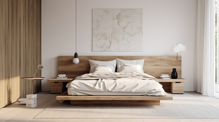The design depicts a modern bedroom that combines elegance with an artistic flair, highlighted by a large abstract art piece above a beautifully crafted wooden bed.