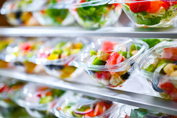 Boxes with fruit and vegetable salads in a commercial fridge