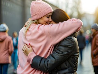 Two women hugging outside on a sunny day
