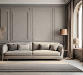 Modern minimalist gray, beige interior with sofa, wall moldings, carpet and decor