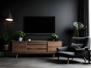 Modern dark living room interior design with stylish furnitures, stylish TV cabinet with home decor, comfortable chair, minimal lamp and houseplant against the black wall