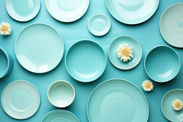 A creatively arranged top view of various light blue ceramic plates and bowls with subtle white flower decorations. Flat Lay Top View Creative Color Design Concept