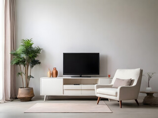 Cabinet for TV on the white plaster wall in living room with armchair,minimal design