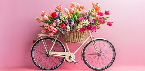 Bicycle with a basket full of flowers. Concept of spring mood and floral delivery.