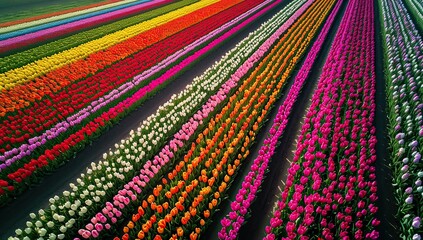 Flower fields of tulips in various colors.