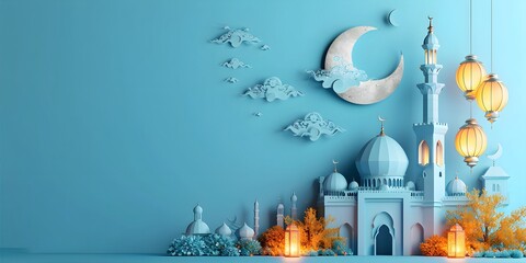 ramadan kareem paper cut illustration background. islamic lantern for eid mubarak greeting banner cover card. 3d art of a mosque with a moon and stars - obrazy, fototapety, plakaty
