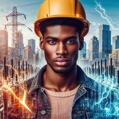Portrait of young handsome african american man in safety helmet over cityscape background.