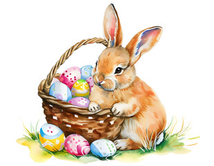 Easter and cutie rabbit surrounded by flowers watercolor paintisolated transparent background.