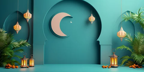 Foto op Canvas ramadan kareem paper cut illustration background. islamic lantern for eid mubarak greeting banner cover card. 3d art of a mosque with a moon and stars © MiniRiz