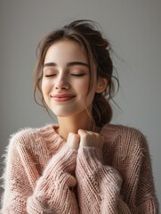 Self-love idea. Picture of charming grinning lady hugs herself displays confidence, shuts eyes in pleasure admires her fresh cozy pale rose pullover tilts head stands inside.