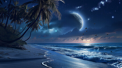 Palm trees beach in the moon night - obrazy, fototapety, plakaty