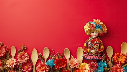 Doll in traditional costume with flowers on a red background. Concept of folk art.