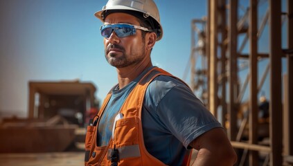 Portrait of a male engineer standing in front of a construction site - obrazy, fototapety, plakaty