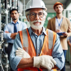 Portrait of confident mature engineer in hardhat standing with arms crossed in factory