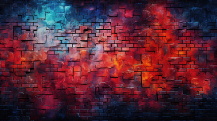 Brick wall background, flaming colorful grunge texture or pattern for design. Generative ai