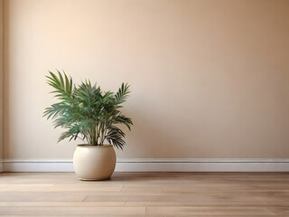 Empty room interior background, beige wall, pot with plant, wooden flooring