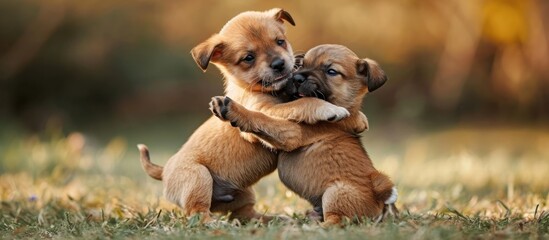 Two-month-old puppies engage in playful wrestling, one on top of the other.
