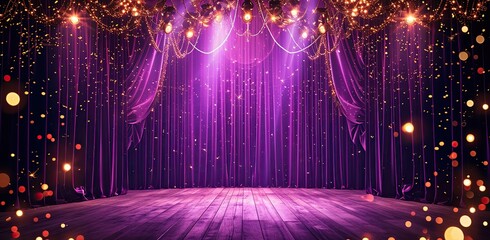 Purple stage with curtains and light effects. Concept of theater and performances.