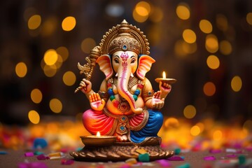 Statue of ganesha, most worshipped deities in the Hindu pantheon, on the background of blurred diwali lamps