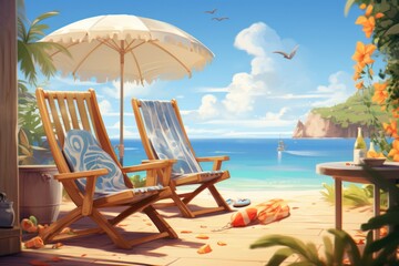 Illustration of beach lounger and a beach umbrella provide protection from the hot sun at sea. Summer holiday concept at sea