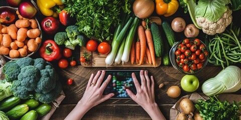 A scenic view of a skilled nutritionist promoting a diverse selection of ripe produce while using a digital device, representing the importance of proper nourishment and well-being. - obrazy, fototapety, plakaty