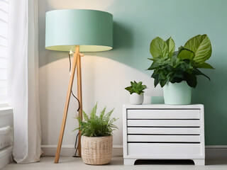 White wooden cupboard with fresh plant and mint lampshade