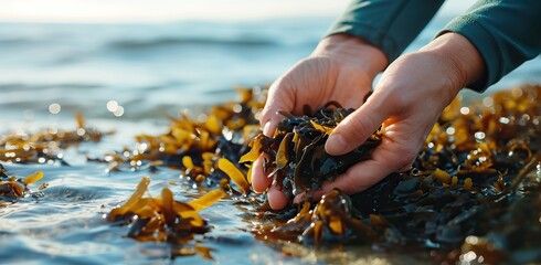 Human hands harvesting seaweed in the sea. - obrazy, fototapety, plakaty