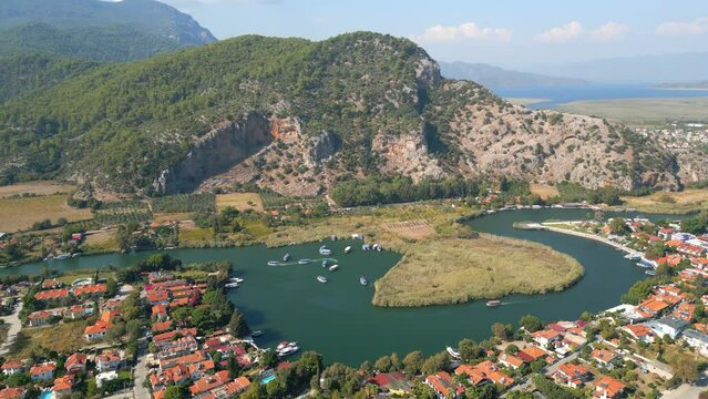 Dalyan River Drone Video, Aegean Sea Ortaca, Mugla Turkey. High quality 4k footage