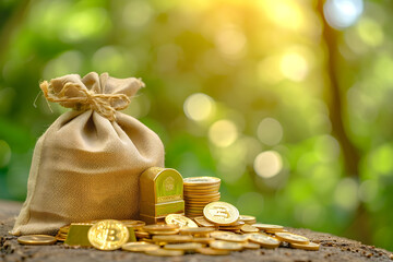 Coins money in bag with natural green background. Financial and investment concept.