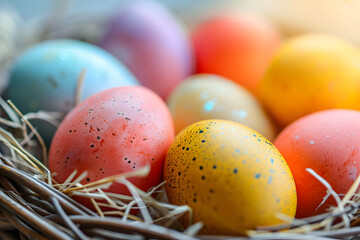 Fototapeta na wymiar Colorful Easter eggs in basket.