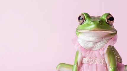 Green frog on the pastel background. 29 february leap year day concept