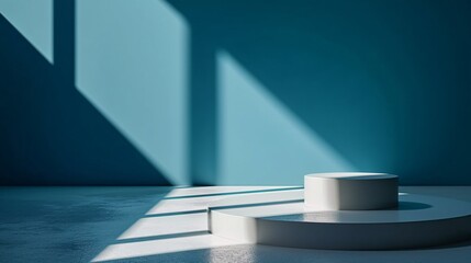 A podium on a dark blue wall with a product mockup in the foreground.