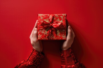 Hands holding red gift box for chinese new year celebration