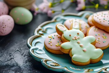 Easter cookie shape of bunny rabbit. Happy Easter Day Background.