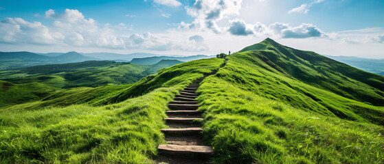 A stunning view of a nature hill mountain featuring grass stairs, showcasing the harmony of natural elements, serene landscapes, and the beauty of the outdoors. - obrazy, fototapety, plakaty