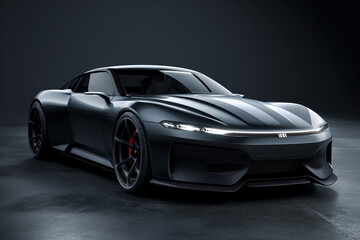 Black car parked on a concrete floor. The car is , a high-performance sports car.
