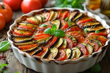 A vegan-friendly, French-inspired vegetable casserole on a wooden table for menu or banner. - obrazy, fototapety, plakaty