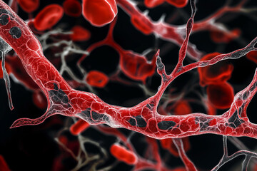 Blood vessel with red blood cells. The blood vessel is a tube that carries blood throughout the body.