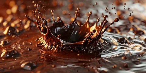Rolgordijnen Dynamic chocolate crown splatter with swirling chocolate cocoa coffee burst and drips. © ckybe