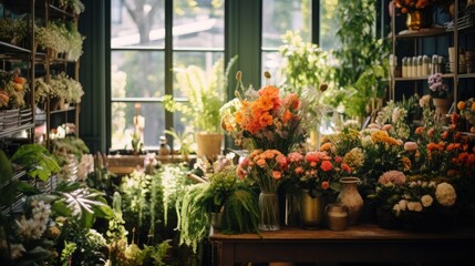 A high angle shot of a display of various flowers and plants inside the Parisian florist