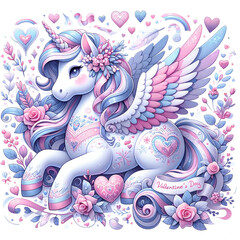 Fototapeta na wymiar Unicorn with wings, hearts and flowers. Vector illustration.