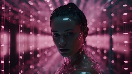 A woman with a cybernetic look stands immersed in a neon-lit, futuristic setting, evoking a sense of advanced technology and digital age.
Generative ai