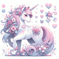 Cute unicorn with flowers and hearts. Vector illustration for your design