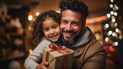 A biracial man and his daughter sit on the ground in their living room, beaming and exchanging gifts during the holiday season.