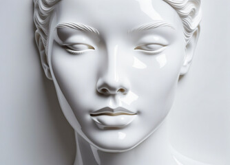 white glossy latex mask of a beautiful woman, white glossy, latex surface in the shape of a human face