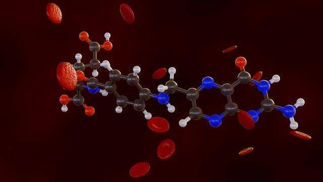 3d animation of folic acid molecule, also known as vitamin B9, helps the body produce healthy red blood cells. 